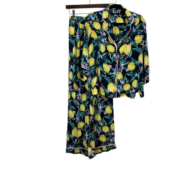 Pj Sleepwear Top Pants Set Yellow Lemon Tropical Fruit Button Down Size S - Picture 2 of 9